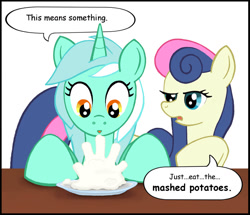 Size: 800x687 | Tagged: safe, artist:sslug, bon bon, lyra heartstrings, sweetie drops, bon bon is not amused, close encounters of the third kind, dialogue, mashed potatoes, movie reference, parody, simple background, white background