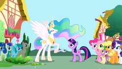 Size: 1366x768 | Tagged: safe, derpibooru import, screencap, applejack, blue october, blueberry muffin, bon bon, doctor whooves, fluttershy, pinkie pie, princess celestia, rainbow dash, rarity, spike, spring melody, sprinkle medley, sweetie drops, twilight sparkle, alicorn, dragon, earth pony, pegasus, pony, unicorn, friendship is magic, night shade, rhythm