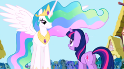 Size: 1366x768 | Tagged: safe, screencap, amethyst star, blue october, blueberry muffin, bon bon, cloud kicker, coco crusoe, dizzy twister, doctor whooves, lemon hearts, lyra heartstrings, meadow song, minuette, orange swirl, pokey pierce, princess celestia, rainbowshine, sparkler, spring melody, sprinkle medley, sweetie drops, twilight sparkle, unicorn twilight, alicorn, pony, unicorn, friendship is magic, duo focus, ethereal mane, female, mare, spread wings, wings