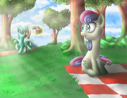 Size: 1650x1275 | Tagged: safe, artist:marioking89, artist:thegentlemancupcake, bon bon, lyra heartstrings, sweetie drops, magic, present, tree