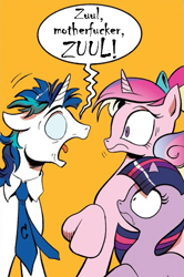 Size: 365x549 | Tagged: safe, idw, princess cadance, shining armor, twilight sparkle, alicorn, pony, unicorn, spoiler:comic, exploitable meme, meme, nostalgia critic, screaming armor, vulgar, zuul