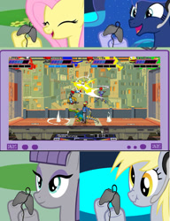 Size: 509x662 | Tagged: safe, derpy hooves, fluttershy, maud pie, princess luna, alicorn, pegasus, pony, exploitable meme, female, gamer, gamer derpy, gamer fluttershy, gamer luna, gamer maud, gamer meme, lethal league, mare, meme, multiplayer, obligatory pony, tv meme