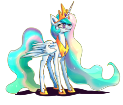 Size: 1400x1200 | Tagged: safe, artist:senx, princess celestia, alicorn, pony, crown, female, horn, mare, multicolored mane, multicolored tail, solo, white coat, white wings, wings