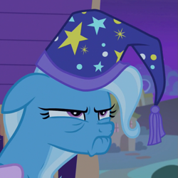 Size: 815x815 | Tagged: safe, derpibooru import, screencap, trixie, pony, to where and back again, cropped, faic, female, floppy ears, frown, glare, grumpy, hat, lip bite, mare, nightcap, solo