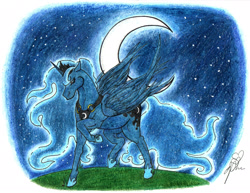 Size: 2240x1730 | Tagged: safe, artist:ankoku-sensei, princess luna, alicorn, pony, crescent moon, hoers, night, pixiv, solo, traditional art