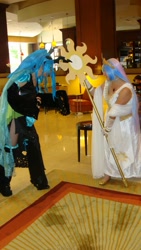 Size: 1080x1920 | Tagged: safe, princess celestia, queen chrysalis, human, cosplay, irl, irl human, photo