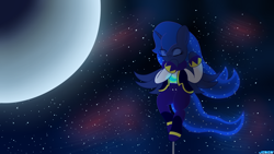 Size: 3840x2160 | Tagged: safe, artist:jcace, princess luna, alicorn, pony, semi-anthro, clothes, costume, eyes closed, moon, nights, nights into dreams, reference, solo, space, stars, wallpaper