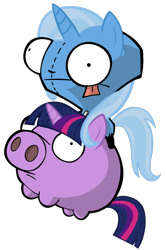 Size: 876x1316 | Tagged: safe, artist:mrbarthalamul, derpibooru import, trixie, twilight sparkle, pig, gir, invader zim, parody, twilight porkle