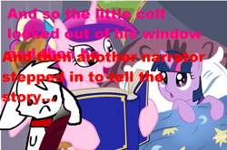 Size: 1019x678 | Tagged: safe, princess cadance, twilight sparkle, unicorn twilight, alicorn, pony, unicorn, bed, bedtime story, blanket, book, bow, cadance's bedtime stories, chair, detailed background, don bluth, duo, duo female, exploitable meme, female, females only, filly, filly twilight sparkle, hair bow, hoof hold, horn, looking at each other, looking up, meme, multicolored mane, nostalgia critic, open mouth, pillow, pink coat, pink wings, purple coat, purple eyes, rock-a-doodle, sitting, smiling, spread wings, text, wings, younger