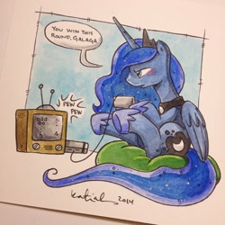 Size: 640x640 | Tagged: safe, artist:katiecandraw, princess luna, alicorn, pony, galaga, gamer luna, nintendo entertainment system, traditional art, video game