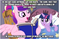 Size: 1024x683 | Tagged: safe, princess cadance, twilight sparkle, unicorn twilight, alicorn, pony, unicorn, bed, bedtime story, blanket, book, bow, cadance's bedtime stories, caption, chair, conan the barbarian, detailed background, duo, duo female, exploitable meme, female, females only, filly, filly twilight sparkle, hair bow, hoof hold, horn, image macro, looking at each other, looking up, meme, multicolored mane, open mouth, pillow, pink coat, pink wings, purple coat, purple eyes, reading, sitting, smiling, spread wings, text, wings, younger
