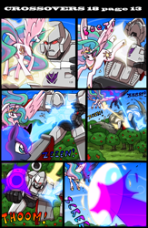 Size: 800x1226 | Tagged: safe, artist:kitfox-crimson, princess celestia, princess luna, alicorn, pony, comic:transformers vs my little pony, comic, crossover, fight, megatron, transformers