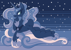 Size: 842x595 | Tagged: safe, artist:yousukou, princess luna, alicorn, pony, cloud, cloudy, night, prone, solo, spread wings