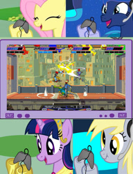 Size: 509x662 | Tagged: safe, derpy hooves, fluttershy, princess luna, twilight sparkle, twilight sparkle (alicorn), alicorn, pegasus, pony, exploitable meme, female, gamer, gamer derpy, gamer fluttershy, gamer luna, gamer meme, gamer twi, lethal league, mare, meme, obligatory pony, tv meme