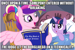 Size: 1024x683 | Tagged: safe, princess cadance, twilight sparkle, unicorn twilight, alicorn, pony, unicorn, bed, bedtime story, blanket, book, bow, cadance's bedtime stories, chair, detailed background, duo, duo female, exploitable meme, female, females only, filly, filly twilight sparkle, hair bow, hoof hold, horn, joke, justice, law, looking at each other, looking up, meme, multicolored mane, open mouth, pillow, pink coat, pink wings, pun, purple coat, purple eyes, sitting, smiling, spread wings, text, wings, younger