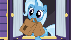 Size: 1920x1080 | Tagged: safe, derpibooru import, screencap, trixie, pony, unicorn, to saddlebags and back again, to where and back again, bag, curtains, cute, diatrixes, female, mare, mouth hold, nom, saddle bag, solo, trixie's wagon, weapons-grade cute, window