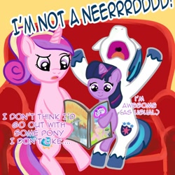 Size: 500x500 | Tagged: safe, artist:kuromi, idw, princess cadance, shining armor, twilight sparkle, alicorn, pony, unicorn, comic, fourth wall, meta, teen princess cadance