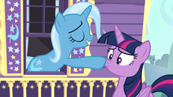 Size: 1920x1080 | Tagged: safe, derpibooru import, screencap, trixie, twilight sparkle, twilight sparkle (alicorn), alicorn, pony, to where and back again, boop, eyes closed, frown, nose wrinkle, open mouth, smiling, trixie's wagon, wide eyes