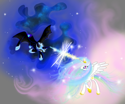 Size: 3277x2738 | Tagged: safe, artist:roaert, nightmare moon, princess celestia, alicorn, pony, crying, fight, magic