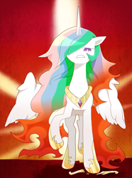 Size: 877x1180 | Tagged: safe, artist:cosmichat, princess celestia, alicorn, pony, female, horn, mare, missing accessory, multicolored mane, multicolored tail, solo, white coat, white wings, wings