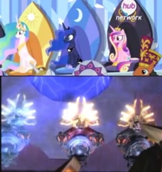 Size: 1494x1582 | Tagged: safe, screencap, duke of maretonia, neighbuchadnezzar, princess cadance, princess celestia, princess luna, alicorn, pony, equestria games (episode), alicorn thrones, clydesdarius of ponysia, comparison, equestria games, halo (series), low quality, moonlight, sitting, sunlight, throne