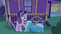 Size: 1920x1080 | Tagged: safe, derpibooru import, screencap, starlight glimmer, trixie, pony, unicorn, to where and back again, covering eyes, cowering, duo, female, lip bite, mare, scared, trixie's wagon, wagon