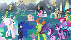 Size: 1920x1080 | Tagged: safe, derpibooru import, screencap, applejack, cornicle, discord, fluttershy, pinkie pie, princess cadance, princess celestia, princess flurry heart, princess luna, rainbow dash, rarity, shining armor, spike, starlight glimmer, thorax, trixie, twilight sparkle, twilight sparkle (alicorn), alicorn, changedling, changeling, draconequus, dragon, earth pony, pegasus, pony, unicorn, to where and back again, alicorn pentarchy, changeling king, cocoon, ethereal mane, female, filly, foal, king thorax, male, mane seven, mane six, mare, stallion