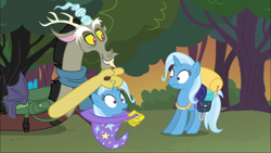 Size: 1920x1080 | Tagged: safe, derpibooru import, screencap, discord, trixie, pony, unicorn, to where and back again, bunny out of the hat, female, magic trick, male, mare, saddle bag, self ponidox, trixie's hat, wide eyes