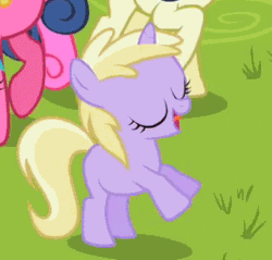 Size: 357x341 | Tagged: safe, screencap, aura (character), bon bon, cherry berry, dinky hooves, sweetie drops, the mysterious mare do well, animated, cropped, cute, dancing, dinkabetes, hoofy-kicks, horses doing horse things, loop, offscreen character, solo focus