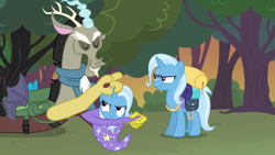 Size: 1280x720 | Tagged: safe, derpibooru import, screencap, discord, trixie, pony, unicorn, to where and back again, discord being discord, female, magic trick, mare, trixie is not amused, trixiesception