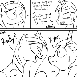 Size: 1000x1000 | Tagged: safe, artist:cs, princess cadance, shining armor, alicorn, pony, unicorn, comic:day-off, comic, female, imminent sex, male, monochrome, straight