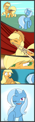 Size: 1050x3649 | Tagged: safe, artist:theparagon, derpibooru import, applejack, trixie, earth pony, pony, bullet, comic, gun, handgun, revolver, weapon, wink