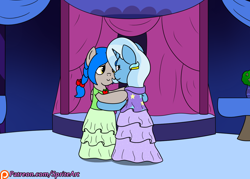 Size: 1400x1000 | Tagged: safe, artist:spritepony, derpibooru import, trixie, oc, oc:sprite, alicorn, pony, a waltz for trixie, alicorn oc, alternate hairstyle, canon x oc, clothes, dancing, dress, patreon, patreon logo, shipping, story, town hall, waltz