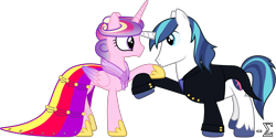 Size: 11090x5540 | Tagged: safe, artist:90sigma, princess cadance, shining armor, alicorn, pony, unicorn, absurd resolution, clothes, dress, kissing, simple background, suit, transparent background, vector