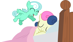 Size: 8689x5074 | Tagged: safe, artist:baka-neku, bon bon, sweetie drops, oc, oc:sweet song, absurd resolution, bed, filly, magical lesbian spawn, offspring, parent:bon bon, parent:lyra heartstrings, parents:lyrabon, simple background, sleeping, transparent background, vector