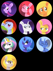 Size: 900x1200 | Tagged: safe, artist:karzahnii, derpibooru import, applejack, derpy hooves, fluttershy, pinkie pie, princess celestia, princess luna, rainbow dash, rarity, trixie, twilight sparkle, alicorn, earth pony, pegasus, pony, unicorn, bust, button, custom, eyes closed, female, grin, hooves, horn, irl, jewelry, lineless, mane six, mare, one eye closed, open mouth, photo, pin, portrait, regalia, s1 luna, smiling, teeth, tiara, toy