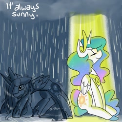 Size: 1280x1280 | Tagged: safe, artist:fauxsquared, princess celestia, princess luna, alicorn, pony, ask, crying, lunabuse, rain, s1 luna, tumblr, tumblr:it's always sunny in canterlot, wet mane