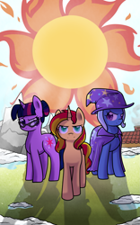 Size: 2177x3493 | Tagged: safe, artist:cloureed, derpibooru import, sci-twi, sunset shimmer, trixie, twilight sparkle, pony, unicorn, alternate universe, counterparts, cover art, fanfic, fanfic art, fanfic cover, magical trio, ponified, sun, sunshine shimmer, twilight's counterparts, winter