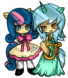 Size: 715x819 | Tagged: safe, artist:nekozneko, bon bon, lyra heartstrings, sweetie drops, chibi, eared humanization, female, horned humanization, humanized, lesbian, lyrabon, lyre, shipping, simple background, tailed humanization