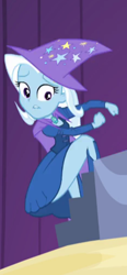 Size: 258x558 | Tagged: safe, derpibooru import, screencap, trixie, equestria girls, rainbow rocks, boots, cape, clothes, dress, escape, hat, running, skirt, skirt lift, solo, thighs