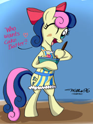 Size: 2232x2952 | Tagged: safe, artist:willisninety-six, bon bon, sweetie drops, earth pony, pony, apron, bipedal, bow, clothes, comic, cutie mark, eyes closed, female, high res, hooves, housewife, mare, open mouth, solo