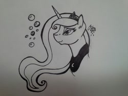 Size: 1280x960 | Tagged: safe, artist:iraincloud, princess luna, alicorn, pony, bubble, lunadoodle, monochrome, solo