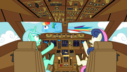 Size: 1600x900 | Tagged: safe, artist:ifollowroads, derpibooru import, bon bon, lyra heartstrings, rainbow dash, sweetie drops, pegasus, pony, cockpit, crash, pilot, plane, this ended in death, this ended in pain