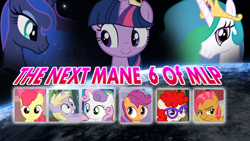 Size: 790x447 | Tagged: safe, apple bloom, babs seed, dinky hooves, princess celestia, princess luna, scootaloo, sweetie belle, twilight sparkle, twilight sparkle (alicorn), twist, alicorn, pony, alternate mane six, female, mare, meme