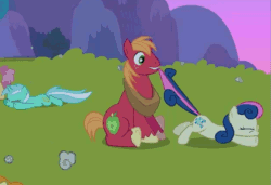 Size: 623x426 | Tagged: safe, screencap, big macintosh, bon bon, carrot top, dizzy twister, golden harvest, lemon hearts, lyra heartstrings, orange swirl, sweetie drops, earth pony, pony, lesson zero, animated, animation error, male, mouth hold, stallion, tail bite, this will end in tears