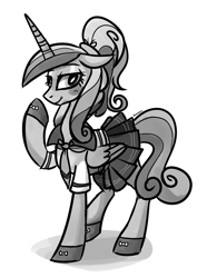 Size: 1138x1532 | Tagged: safe, artist:zhampy, princess cadance, alicorn, pony, blushing, clothes, monochrome, necktie, school uniform, schoolgirl, skirt, solo