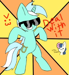 Size: 634x692 | Tagged: safe, artist:aqua_remix, bon bon, lyra heartstrings, sweetie drops, bon bon is not amused, deal with it, stahp, sunglasses