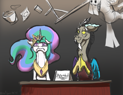 Size: 2000x1545 | Tagged: safe, artist:blindcoyote, discord, princess celestia, alicorn, pony, annoyed, kallisti