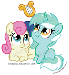 Size: 1729x1891 | Tagged: safe, artist:stepandy, bon bon, lyra heartstrings, sweetie drops, earth pony, pony, unicorn, blushing, chibi, duo, lyre, prone, simple background, sitting, smiling, transparent background, watermark