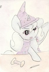 Size: 688x1019 | Tagged: safe, artist:slightlyshade, derpibooru import, trixie, pony, unicorn, cape, clothes, female, hat, mare, needle, sewing, solo, thread, traditional art